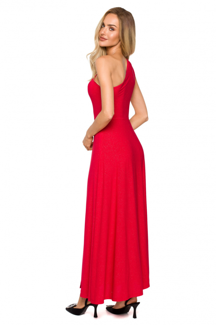 Sukienka maxi z brokatem na jedno ramię rozcięcie na nogę czerwona